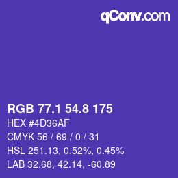 カラーコード: RGB 77.1 54.8 175 | qconv.com