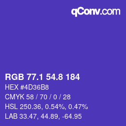 カラーコード: RGB 77.1 54.8 184 | qconv.com