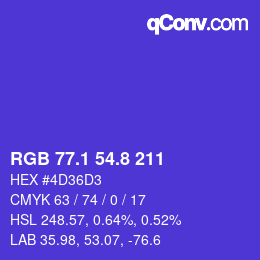 カラーコード: RGB 77.1 54.8 211 | qconv.com