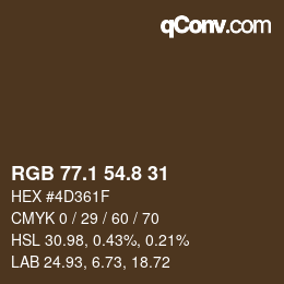 Color code: RGB 77.1 54.8 31 | qconv.com