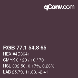 Color code: RGB 77.1 54.8 65 | qconv.com