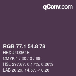 Color code: RGB 77.1 54.8 78 | qconv.com