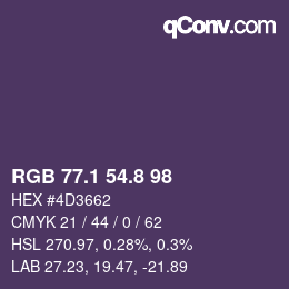 カラーコード: RGB 77.1 54.8 98 | qconv.com