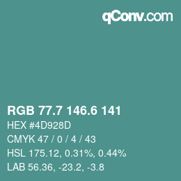カラーコード: RGB 77.7 146.6 141 | qconv.com