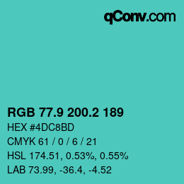 カラーコード: RGB 77.9 200.2 189 | qconv.com