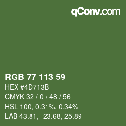 Color code: RGB 77 113 59 | qconv.com