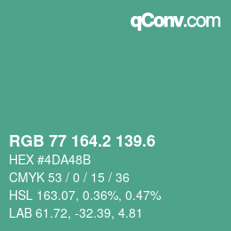 カラーコード: RGB 77 164.2 139.6 | qconv.com