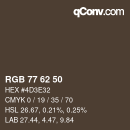 Color code: RGB 77 62 50 | qconv.com