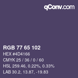 Color code: RGB 77 65 102 | qconv.com