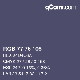 Color code: RGB 77 76 106 | qconv.com