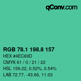 カラーコード: RGB 78.1 198.8 157 | qconv.com