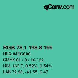 カラーコード: RGB 78.1 198.8 166 | qconv.com