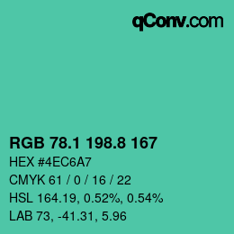 カラーコード: RGB 78.1 198.8 167 | qconv.com