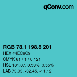 カラーコード: RGB 78.1 198.8 201 | qconv.com