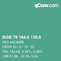カラーコード: RGB 78 164.6 139.6 | qconv.com