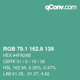 カラーコード: RGB 79.1 162.8 139 | qconv.com