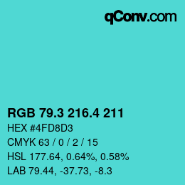 カラーコード: RGB 79.3 216.4 211 | qconv.com