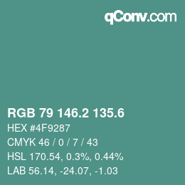 カラーコード: RGB 79 146.2 135.6 | qconv.com