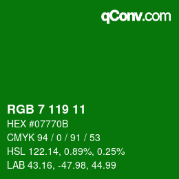 Color code: RGB 7 119 11 | qconv.com