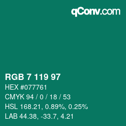 Color code: RGB 7 119 97 | qconv.com