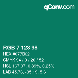 カラーコード: RGB 7 123 98 | qconv.com