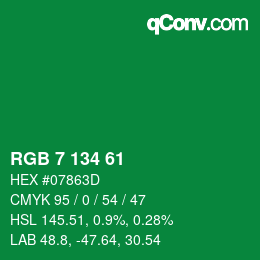 Color code: RGB 7 134 61 | qconv.com