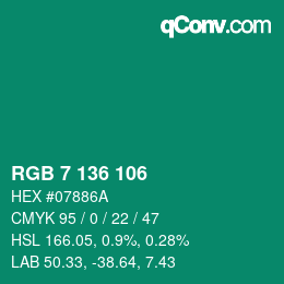 Code couleur: RGB 7 136 106 | qconv.com