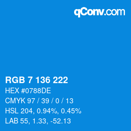 Color code: RGB 7 136 222 | qconv.com