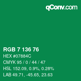Color code: RGB 7 136 76 | qconv.com