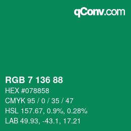 Color code: RGB 7 136 88 | qconv.com