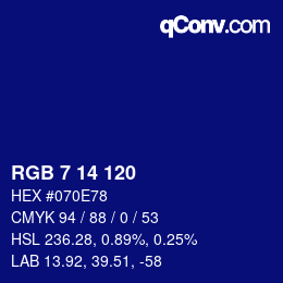 カラーコード: RGB 7 14 120 | qconv.com