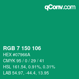 Color code: RGB 7 150 106 | qconv.com