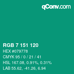 カラーコード: RGB 7 151 120 | qconv.com