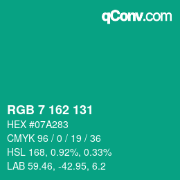 颜色代码: RGB 7 162 131 | qconv.com