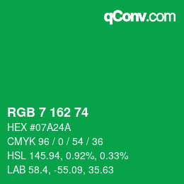 カラーコード: RGB 7 162 74 | qconv.com