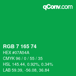 カラーコード: RGB 7 165 74 | qconv.com