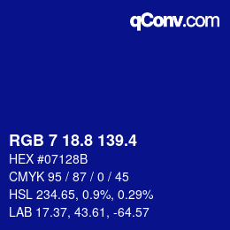 カラーコード: RGB 7 18.8 139.4 | qconv.com