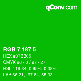 Color code: RGB 7 187 5 | qconv.com
