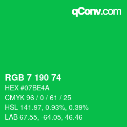 カラーコード: RGB 7 190 74 | qconv.com