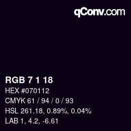 カラーコード: RGB 7 1 18 | qconv.com