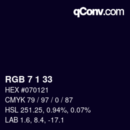 カラーコード: RGB 7 1 33 | qconv.com