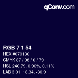 カラーコード: RGB 7 1 54 | qconv.com