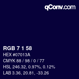 カラーコード: RGB 7 1 58 | qconv.com
