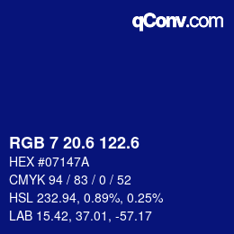 カラーコード: RGB 7 20.6 122.6 | qconv.com
