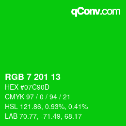 カラーコード: RGB 7 201 13 | qconv.com