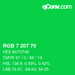 カラーコード: RGB 7 207 70 | qconv.com