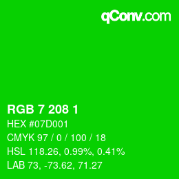カラーコード: RGB 7 208 1 | qconv.com