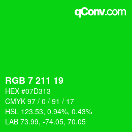 カラーコード: RGB 7 211 19 | qconv.com