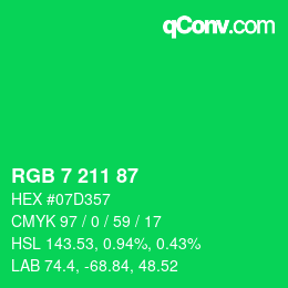 カラーコード: RGB 7 211 87 | qconv.com