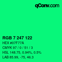 Color code: RGB 7 247 122 | qconv.com